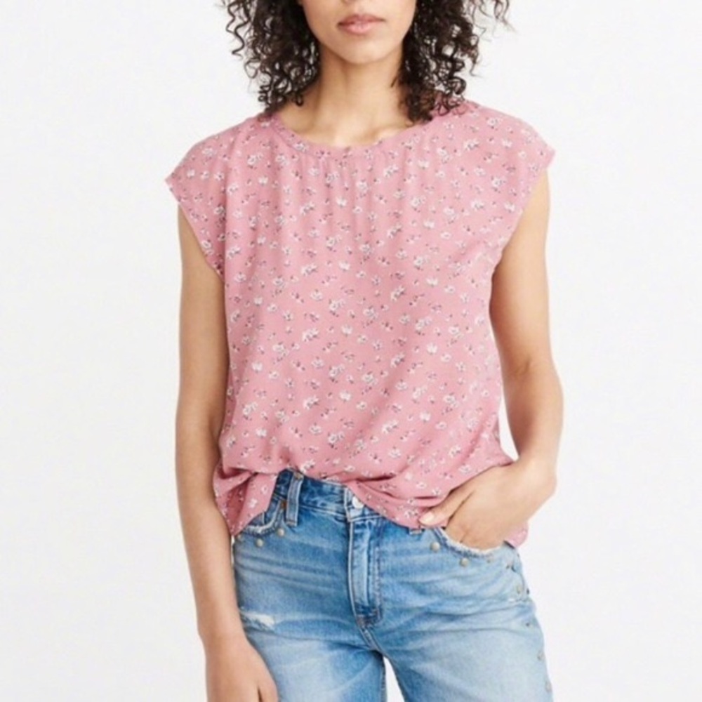 ABERCROMBIE & FITCH Dolman Short Sleeve Ditsy Floral Top, Pink/White, Size Small